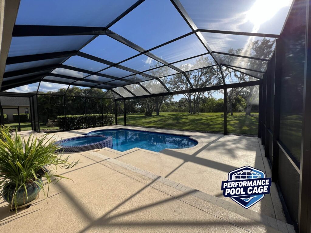 Pool enclosure painting black color with re-screening and panoramic view installation