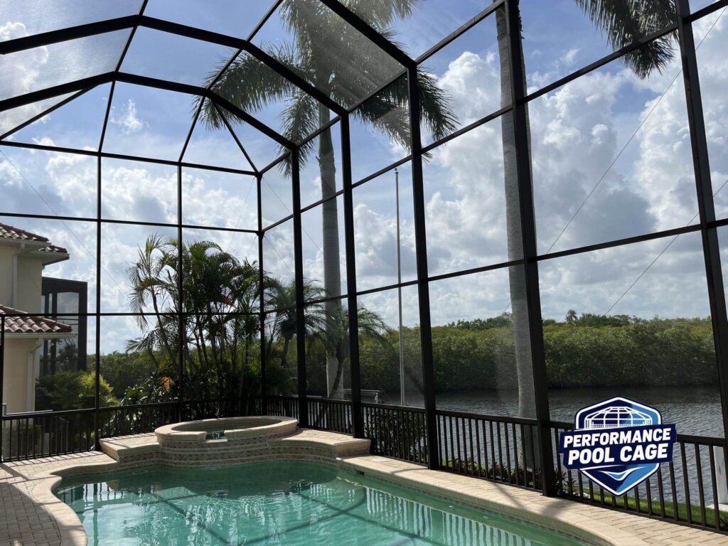 Two story pool enclosure painting and re-screening project using 20-20 No SeeUm Screen Mesh
